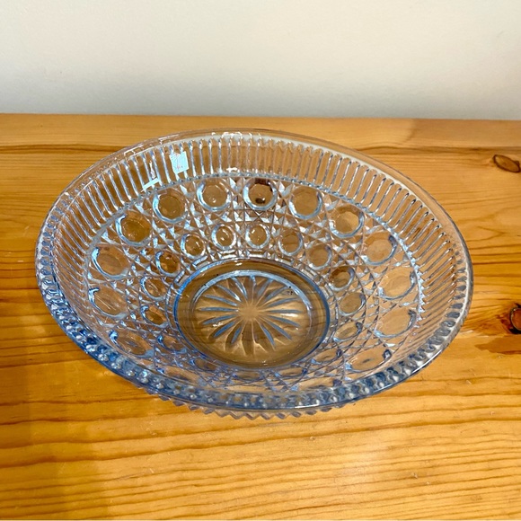 Vintage 70s Blue Glass Bowl Federal Glass Windsor Button and Cane 7.5” - Picture 3 of 7